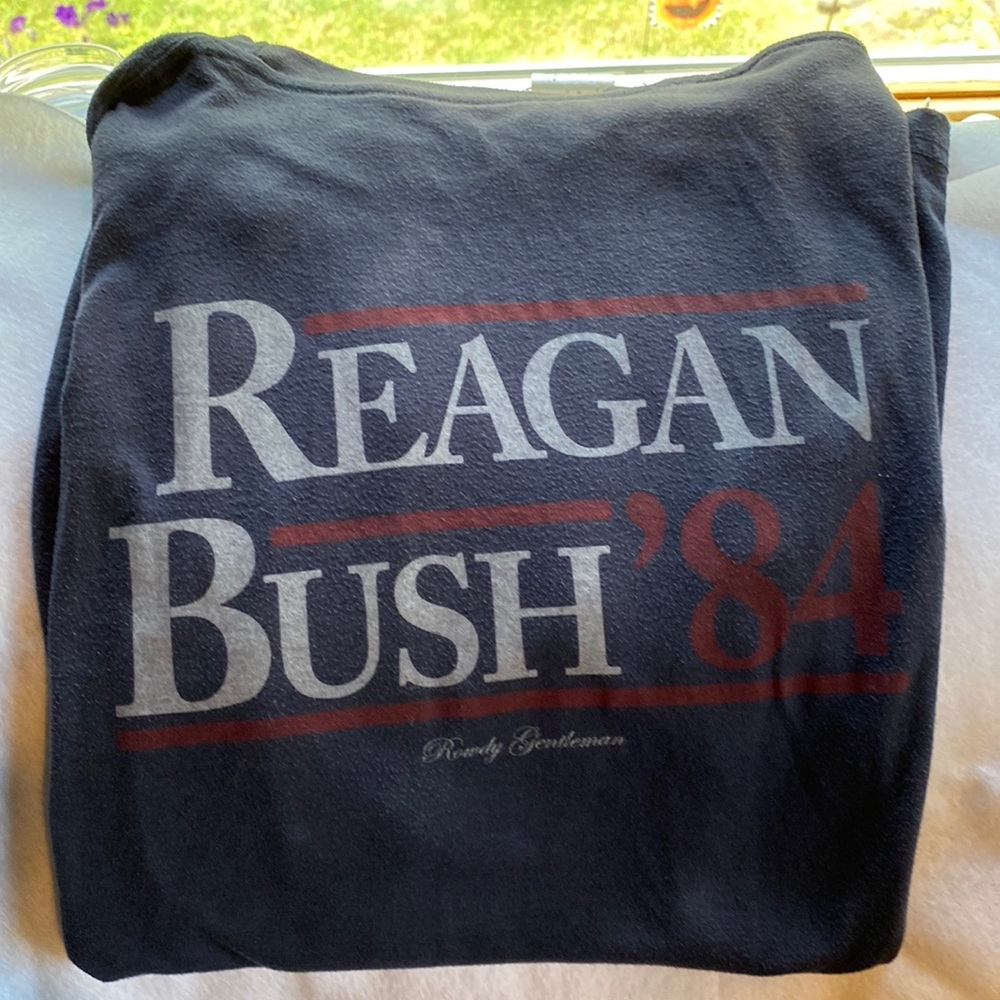Rowdy Gentleman Navy Blue tee MEDIUM with Reagan/Bush on back - pocket on front